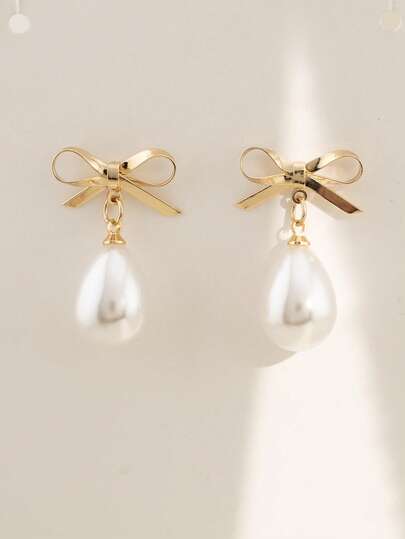 1 đôi (2 chiếc) bông tai mặt dây chuyền hình nơ giọt nước đính ngọc trai giả, món quà bông tai thời trang đa năng dành cho bé gái.