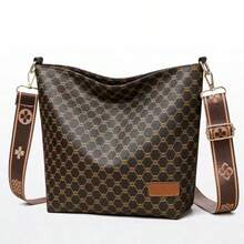 Women's Elegant Handbag, Large Capacity PU Wide Strap Brown, Beige Shoulder Bag, Versatile Daily Commute Tote, Multi-Function Shoulder Travel Bag - Multicolor - View 6