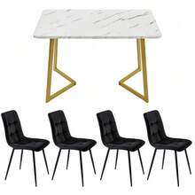 Dining Set (5 Pieces), Table And 4 Chairs, Modern Kitchen Set, 140*80cm Kitchen Table With Gold Metal Legs, White MDF Top, Black Velvet Dining Chairs - Black - View 4