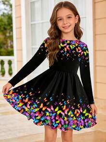 Black Butterfly Girl Long Sleeve Dress, Floral Round Neck Casual Dress & Party, Outdoor Fashion Dress - Black - View 3