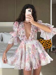 Women's Dress Sweet Beautiful Seaside Vacation Style Fashion V-Neck Bubble Sleeves Medium Sleeves Waist Cinching Fresh Flower Print Artistic Sense Short Skirt - 粉色 - 查看 5