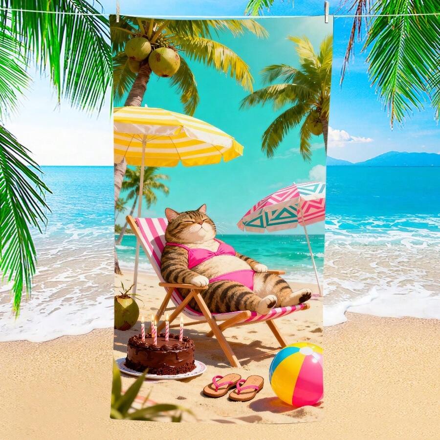1pc Cat Pattern Beach Towel - Super Absorbent, Ultra-Fine Fiber, Lightweight, Soft, Quick-Drying, UV Protection, Comfortable, Suitable For Camping, Outdoor Activities, Birthday Parties, Summer Beach Trips - F - View 1