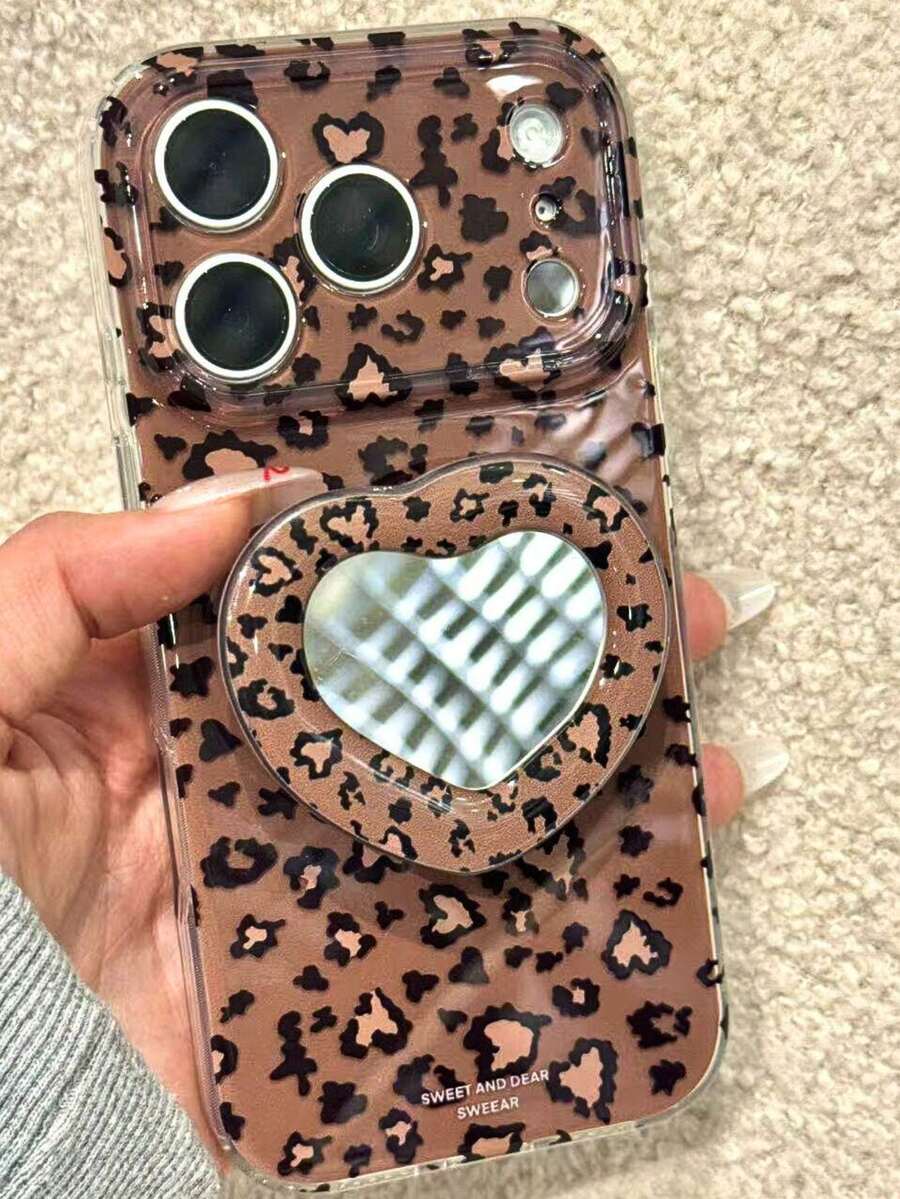 Y2K Leopard Printed Mirror Heart Grip Holder Phone Case Compatible With IPhone 17 Pro Max 16 13 14 15 - Brown - View 1