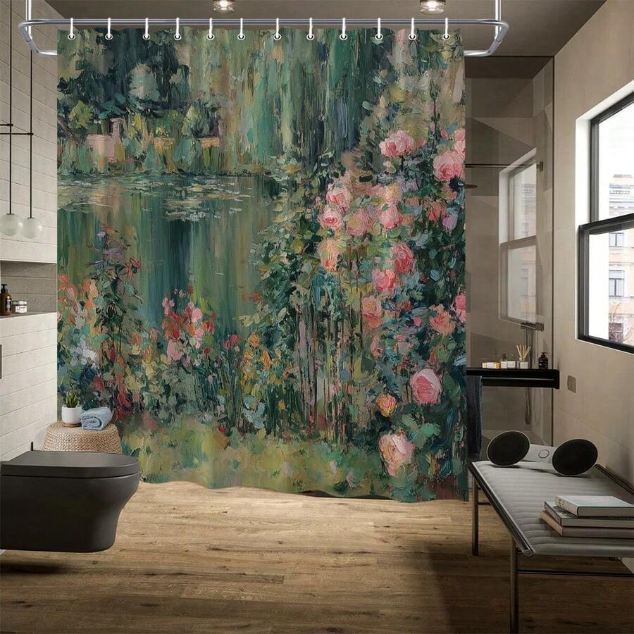 2D Flat Printing ,1 Piece Of Retro Shower Curtain - A Fashionable Bathroom Decoration Shower Curtain With Oil Painting Printing Pattern, Designed With Pink Roses, Green Leaves, And Water Waves - Soft Pink Color Scheme Depicting Impressionist Style Garden And Lake Scenery In Green And Pink - Made Of Machinable Facial Cleanser - Versatile For All Seasons - A - 查看 1
