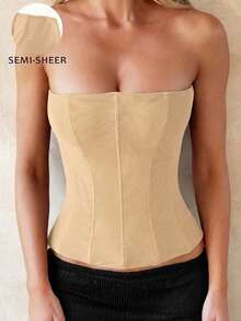 Áo corset định hình bằng vải lưới xuyên thấu có gọng, buộc dây phía trước, hở lưng, thích hợp mặc ngoài trời mùa hè. - Màu be - Xem 4