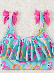 Bộ đồ bơi tankini in hình chim hồng hạc và bánh donut cho bé gái, viền bèo nhún đôi và dây đeo nơ, phối màu tương phản, kiểu dáng ngọt ngào. - Nhiều màu - Xem 5
