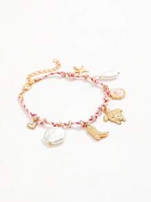 1条波西米亚风彩色编织手链，饰有仿珍珠、油滴心形、海龟、海星吊坠，女士款 - 金色 - 查看 4