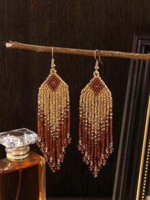 SOUL BEADING 手工波西米亚风串珠耳环，复古风格，金棕色组合，几何菱形图案，渐变流苏吊坠，复古耳环，女士耳环，适合女性日常、度假、派对佩戴，百搭礼物 - 金色 - 查看 1