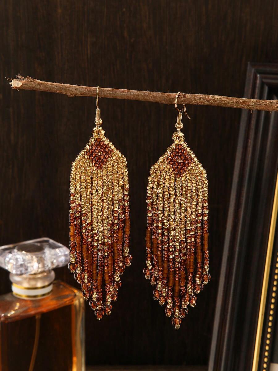 SOUL BEADING 手工波西米亚风串珠耳环,复古风格,金棕色组合,几何菱形图案,渐变流苏吊坠,复古耳环,女士耳环,适合女性日常、度假、派对佩戴,百搭礼物 - 金色 - 查看 1