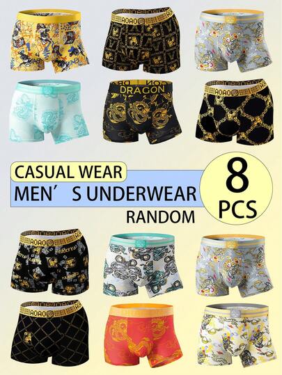 Men's 8-Pack Random Color Boxer Briefs Dragon & Luxury Print Elastic Waistband High Stretch Breathable Soft Comfortable Casual Underwear For Daily Wear