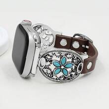 1pc Minimalist Fashion Hollow Flower Turquoise PU Leather Watch Strap Compatible With Apple Watch Band 38/40/41/42/44/45/49mm Women,Bohemian-Style Bracelet Strap Compatible With Iwatch Series 11 Ultra 3 SE3 Ultra 2 S10 SE2 9 8 7 SE 6 5 4 3 2 1, Thanksgiving,Valentine's Day Gifts. - Silver - View 3