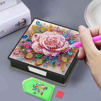 1件DIY钻石画花卉图案不对称钻石马赛克画，黑色仿皮自粘便签盒，内含160张，适用于家庭、办公室、学校用品、手工制作、可爱文具、节日礼物