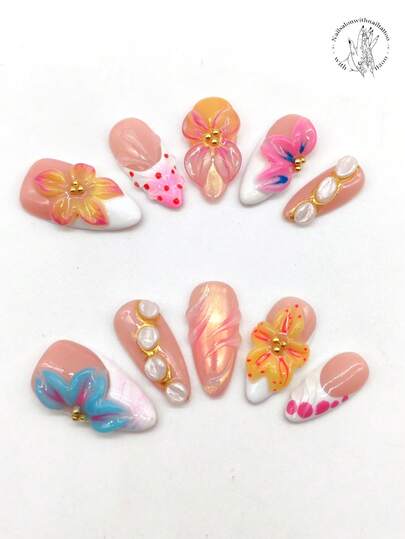 10 Pieces Of Pure Hand-Pressed Wearing Nail, 25mm Long Almond-Shaped Nail, Flesh Pink Nail, White Nail, Pink Nail, Three-Dimensional Raised Blue Flowers, Yellow Flowers, Golden Lines, Pink Dyed Red Dots, Raised Lines. Cute Nail Piece, Spring Nail Piece. It Is Suitable For Daily Leisure Vacations, Banquets, Parties, Shows And Other Activities.