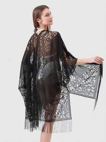 1pc Solid Color Casual Knit Beach Bikini Cover Up, Spring/Summer Windproof Sunscreen Embroidered Cover Up Shawl - Multicolor - View 3