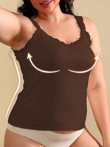 1pc Women Plus Size Solid Color Lace Trim Decor Round Neck Sleeveless Camisole Tank Top - Coffee Brown - View 4