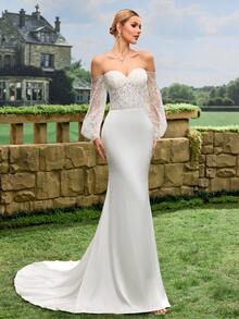 Đầm dạ hội trang trọng tay cánh hoa, đầm cưới đuôi cá, đầm cô dâu - trắng - Xem 8