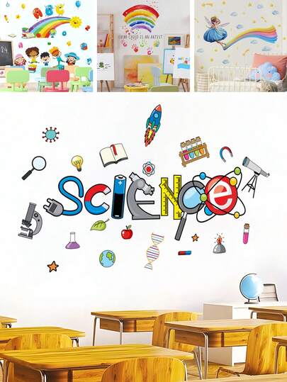 BRUP 1 Pc Back-To-School Season Wall Stickers, Removable Kids Room Decorations With Rainbow And Learning Tools Patterns, Suitable For Bedrooms, Nurseries, And Classrooms, Back-To-School Themed Wall Art