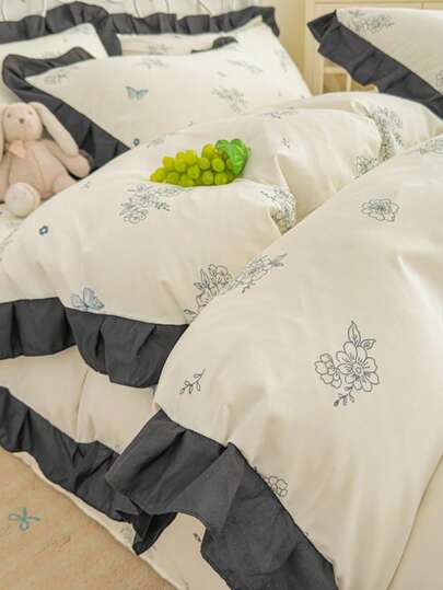 3pcs Ditsy Floral Ruffle Trim Bedding Set (1 Duvet Cover + 2 Pillowcases, No Filler), Soft & Comfortable, Suitable For Bedroom & Guest Room, Machine Washable, All Season