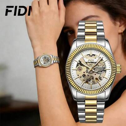 1 pièce Montre automatique mécanique pour femme FIDI, cadran creux lumineux, bracelet en acier inoxydable, boîtier en métal durable, étanche jusqu'à 30 m, montre haut de gamme pour femme convenant aux affaires et à la vie quotidienne