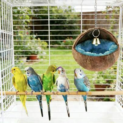 Natural Small Pet Coconut Shell Bird Nest, House, Bed, Breeding Nesting, Anti-Chew, With Warm Pad And Bell For Parrots, Cockatiel, Finch (One Size, Pad And Bell Color Random)