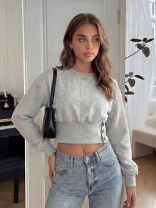 2026 New Simple Classy Young Lady Casual Solid Color Round Neck Long Sleeve Sweatshirt, Summer Casual Pullover Knit Top, Women Spring Clothing, Women's Holiday Party Top, Women Beach Outfit, Women Elegant Summer Vacation Wear - Grey - View 8