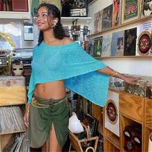 Women Sheer Mesh Poncho Top Crochet Knit Lightweight See Through Shawl Wrap Summer Oversized Loose Shrug Beachwear Swimsuit Bikini Cover Ups - 藍色 - 查看 4