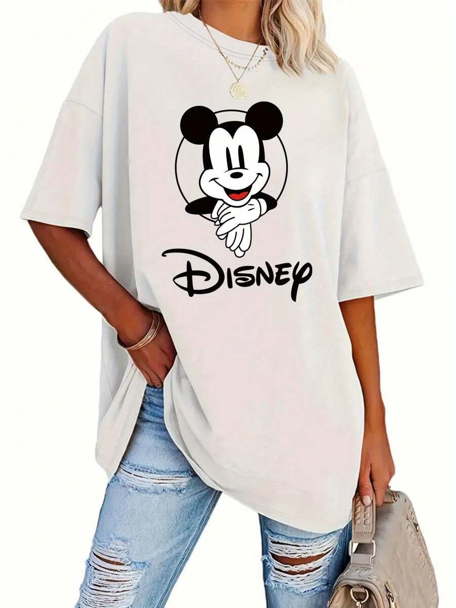 Mickey Mouse,Disney,Oversized T-Shirt,Graphic Tee,1928 Retro,Y2K Streetwear,Casual Top,Beige T-Shirt,Crew Neck,Side Slit,Women's Fashion,Spring Summer - White - View 1