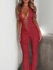 女士性感蕾丝深V领露背吊带连体裤，女士Y2K风格修身PU皮革装饰系带阔腿连体裤，紧身连体裤夜店街头风，适合各种场合 #派对之夜 #露背装扮 #音乐节 #派对造型 #约会之夜 #婚礼季 #圣诞派对 #返校季 #春假 - 酒紅色 - 查看 3