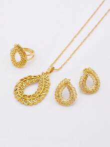非洲镀金首饰套装 - 项链、吊坠、耳环、戒指套装，适合女性，法式迪拜派对、新娘、婚礼、妻子礼物 - 金色 - 查看 6