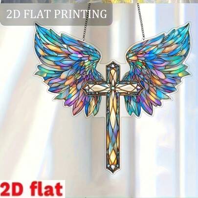 2D亚克力天使翅膀十字架，阳光捕捉器，墙饰，多功能设计，带有装饰文字和人物造型，适用于家居、卧室、办公室、门廊以及洗礼等特殊场合