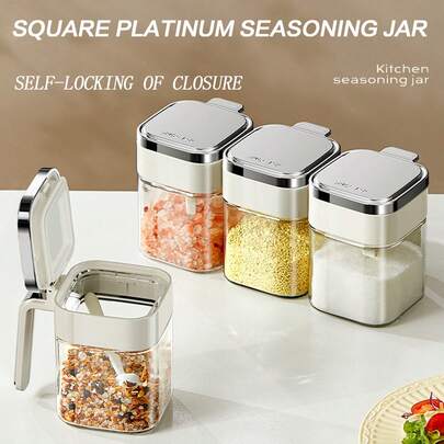 1 件调味罐，厨房香料瓶，调味容器，创意调味瓶，盐和胡椒瓶，带盖调味储存，带勺子的食物储存盒，厨房用品，厨房装饰