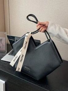 New Fashionable Multi-Functional Contrast Color & Striped Design Large Capacity Dual Handle Shoulder Tote Bag, Suitable For Travel, Shopping And Commuting, Decorated With Scarf Pattern, Elegant Ladies Wallet, Business Commuter Wallet - Black - View 5