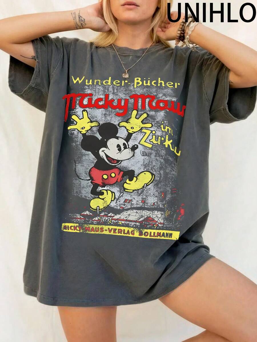 Disney UNIHLO  Mickey  Printed Summer Heavyweight Retro Washed Street Fashion Casual T-Shirt - màu đen - Xem 1