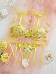 Women'S Sexy Lingerie Set With Double-Color Embroidered Lace Trim, Exotic And Very Sexy Underwear, Adult Novelty Wear, Mature Style, Random Print Pattern, Hollow Details, Lingerie Sets For Women, Lingerie Set With Garter, Exotic Bra, Purple Lingerie Set, Purple Lingerie - 黃色 - 查看 3