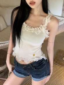 蕾丝边修身针织吊带背心 - 白色 - 查看 8