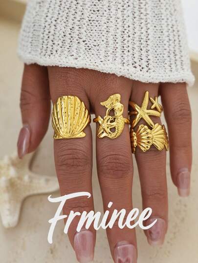 Frminee 4pcs/1pc Summer Beach Starfish Shell Gold Stainless Steel Ring Set, Stackable Mermaid, Shell And Scallop Ring, Waterproof, Boho Style, Women's Resort Style Beach Travel Jewelry Gift
