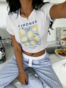 Nina Bonheur Set de pijama con 2 piezas: Blusa de cuello redondo con estampado + Pantalón de cintura elástica para mujer - Azul - Ver 2