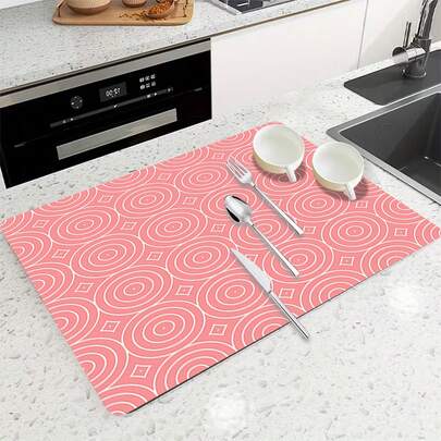 1pc Pink Concentric Circle Pattern Multi-Purpose Absorbent Mat, Polyester Waterproof Countertop Protective Pad, Suitable For Kitchen, Dining Table Decor, Dish Drying, Washing Machine, Coffee Maker, Bathroom Vanity, Kitchen Accessories, Party Supplies