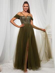 VIPGIRL Vestido de noche largo con hombros descubiertos, de malla con lentejuelas para mujer - Verde - Ver 4