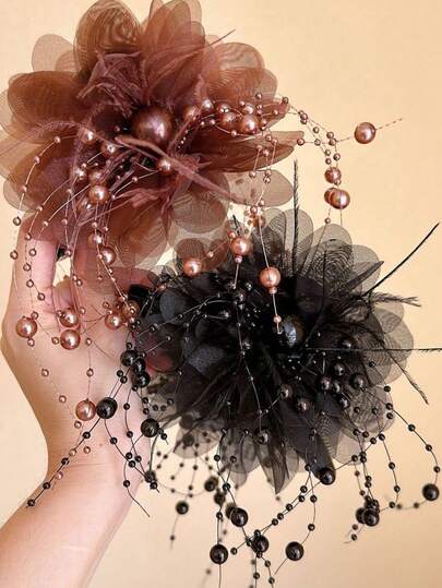 1 Vintage French Floral Hair Clip - Black And Brown Tassels | Bridal Wedding Party Hair Accessory | Durable Plastic Hair Clip For Women And Teens | Prom Evening Elegant Updo Hair Clip Fashion Claw Clip Winter Hair Accessory