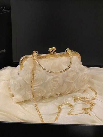 Vintage High-End 3D Rose Handbag, Chiffon 3D Floral Evening Bag, Champagne Color Qipao Bag, Handmade Formal Dress Bag With Chain Decor
