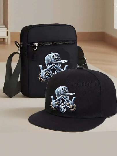 1pc/2pcs Abstract Metal Hip Hop Portrait Print Unisex Flat-Brim Baseball Cap And Crossbody Bag, Street Fashion Outdoor Sports Cap And Shoulder Bag, Adjustable, Great Gift For Yourself Or Friends