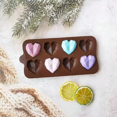 8槽钻石和心形硅胶模具 – ，可重复使用的巧克力和蜡烛制作模具，非常适合情人节、圣诞节、母亲节礼物、DIY工艺品和创意模具，耐用材料，节日购物必备品。