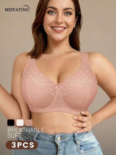 MEIYATING 3pcs/Set Plus Size Women Floral Lace Patchwork Solid Color Soft Comfortable Daily Underwear Sexy Padded Bra
