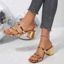 Women's Solid Color Party PU Leather Patent Thick Heel High Heel Sandals, Summer - Gold - View 2
