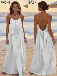 Womens Summer Casual Sleeveless Backless Cami Sundress 2026 Vacation House Dress - 白色 - 查看 1
