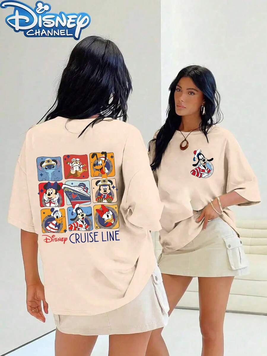 Authorized By Disney, Ladies Cruise Company's Full Series Cartoon T-Shirts Are Casual In Summer, With Double-Sided Fun Elements, Breathable Round Neck, Machine Washable, And Shirts Are Women'Canada. - 杏色 - 查看 1