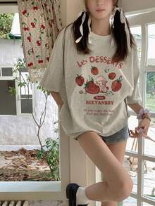 女士可爱草莓兔图案T恤 - 柔美少女灰色上衣，复古甜美印花短袖T恤，休闲原宿风夏季时尚 - 淺花灰 - 查看 2
