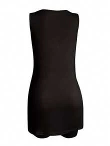 Plus Size Summer European And American Solid Color Mid-Length Split Hem Tank Top And Shorts Set Black Elegant - Black - View 2