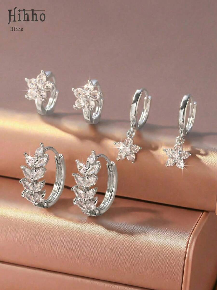 Hihho Bộ 6 bông tai mặt dây chuyền hình hoa tối giản đính đá Cubic Zirconia sáng bóng, quà tặng trang sức cao cấp. - Bạc - Xem 1